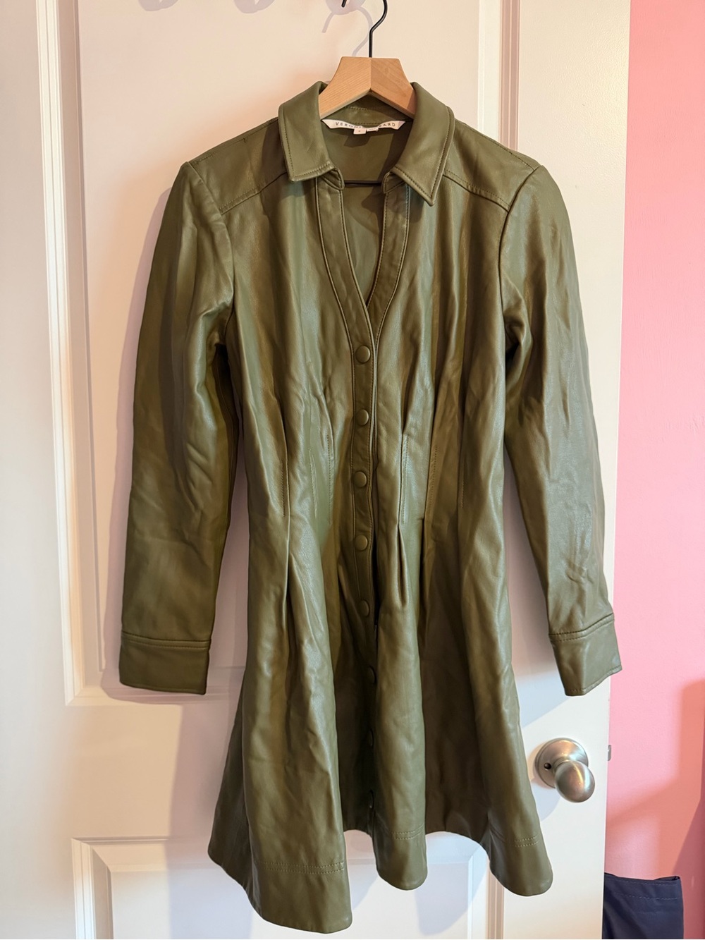 Veronica Beard Olive Green Leather Button-Front Dress